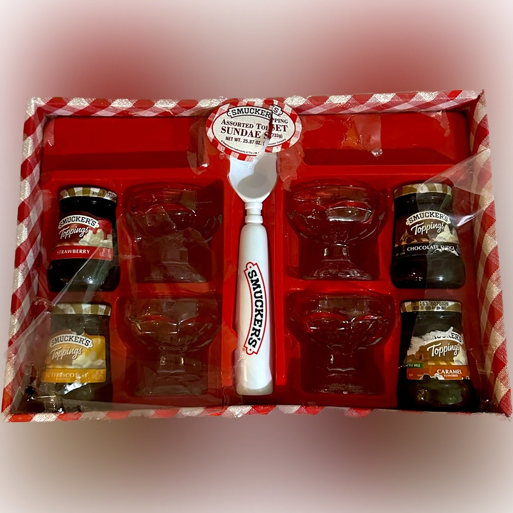 VTG RARE SMUCKER’S ICE CREAM GIFT SET 4 Glass dishes bowls & dipper spoon scoop